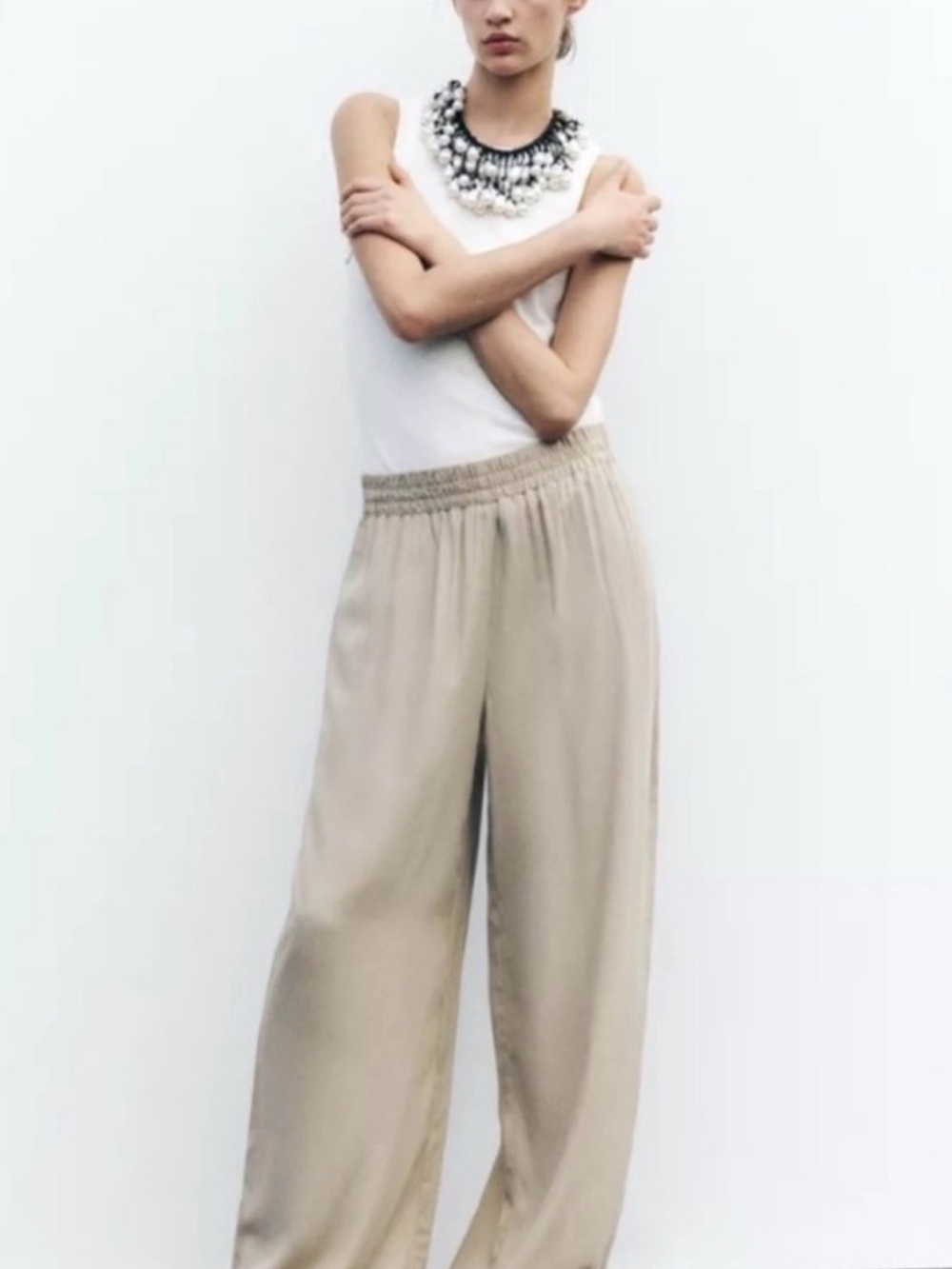 Zara Wide-Leg Elastic Waist Pants in Light Beige